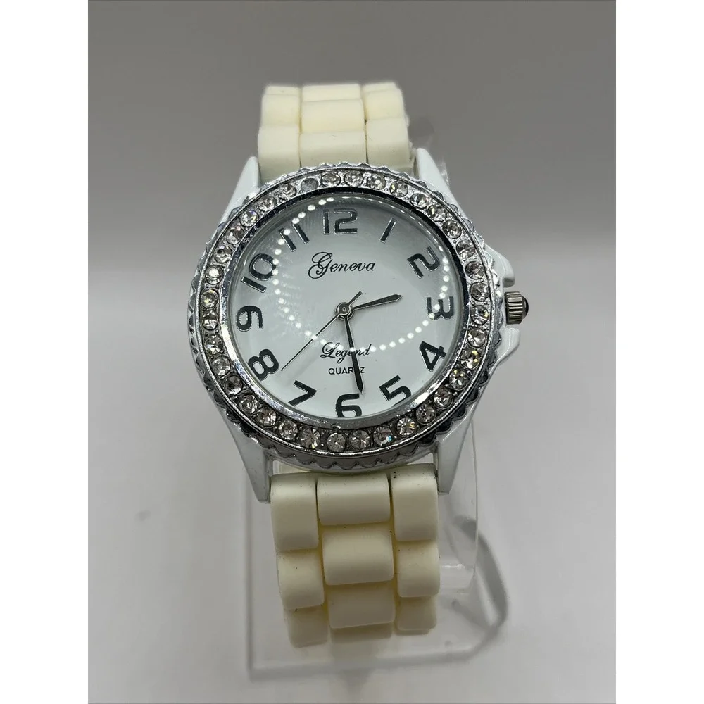 Geneva Legend Women's Watch Rhinestone‎ Bezel White Silicone Band- New Battery